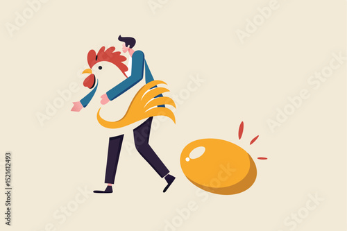Golden egg, precious high return investment or success retirement planning with dividend concept, happy businessman investor or office salary guy holding big white hen with precious golden egg.