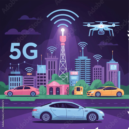 Modern city illustration depicting 5g network technology with drone and cars