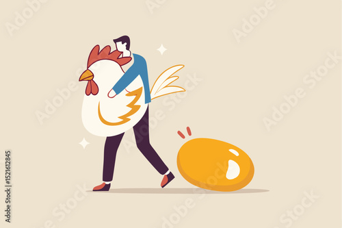 Golden egg, precious high return investment or success retirement planning with dividend concept, happy businessman investor or office salary guy holding big white hen with precious golden egg.