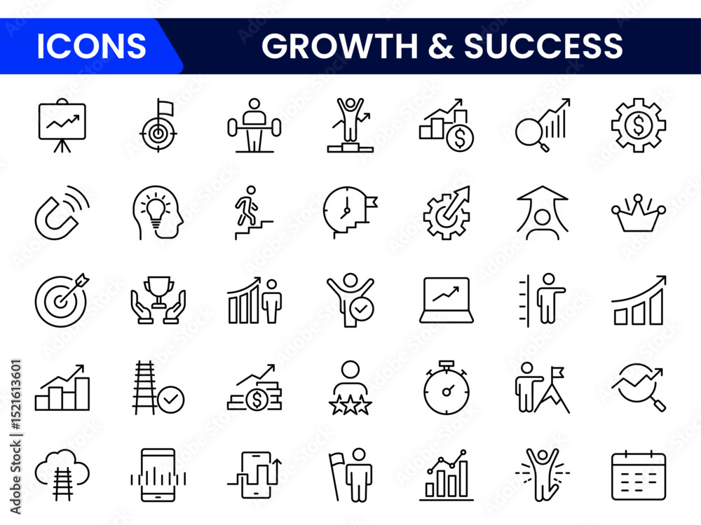 Bold vector web line icons depicting growth, success, achievement, progress, innovation, and thriving business development milestones. Bold vector web line icons depicting growth, success, achievement, progress, innovation, and thriving business development milestones.