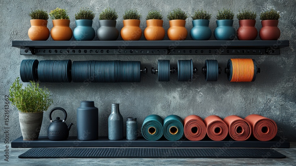 Naklejka premium Shelves holding exercise equipment & plants
