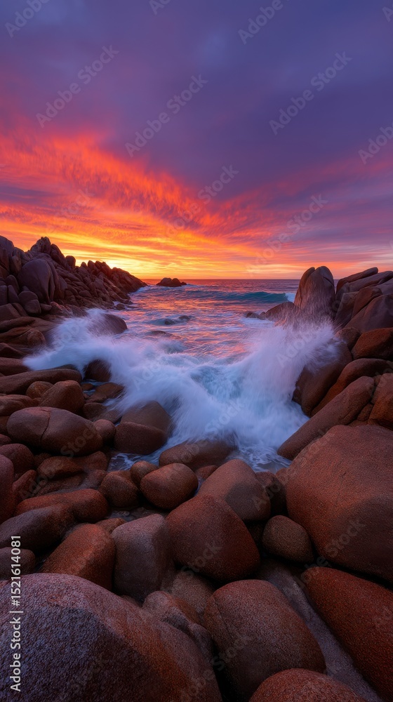 Obraz premium Vivid sunset over ocean waves crashing against coastal rocks creating dynamic landscape
