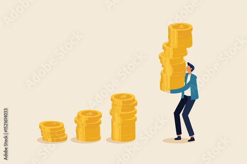 Compound interest effect, high return investment stock market or growth and prosperity economic concept, businessman investor holding high stack of dollar money coins to put as growth compound graph.