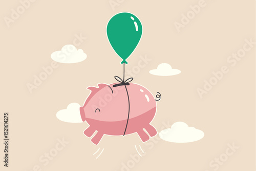 Financial freedom, growth retirement saving or rising profit investment for financial succeed concept, happy cute pink piggy bank floating fly to freedom in the sky minimal style.