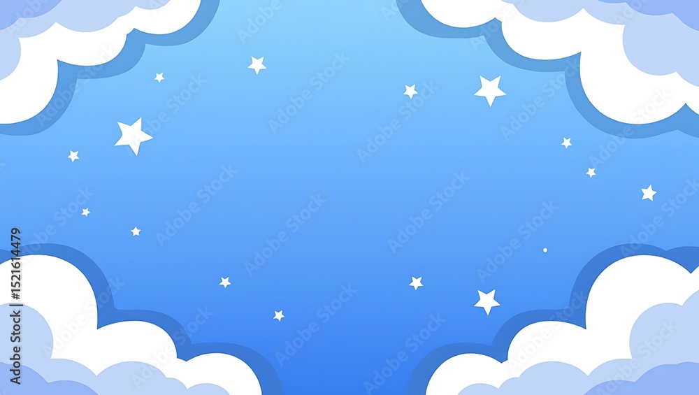 Cartoon sky illustration with clouds and white stars Cartoon sky illustration with clouds and white stars