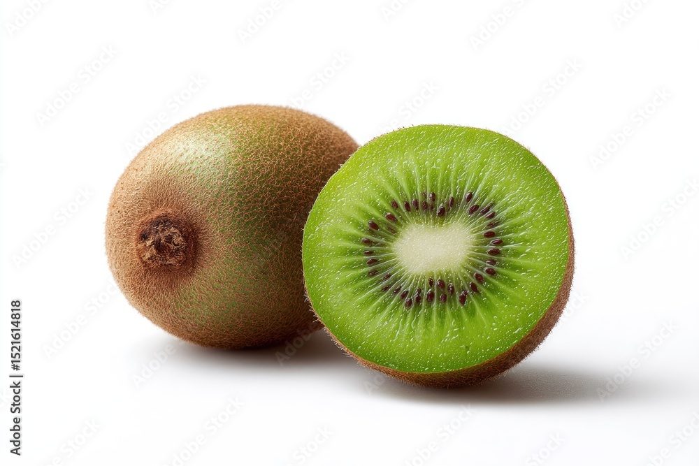 Two kiwi fruits, one whole and one halved, displaying vibrant green flesh and brown skin. The halved kiwi reveals a seedy interior Two kiwi fruits, one whole and one halved, displaying vibrant green flesh and brown skin. The halved kiwi reveals a seedy interior