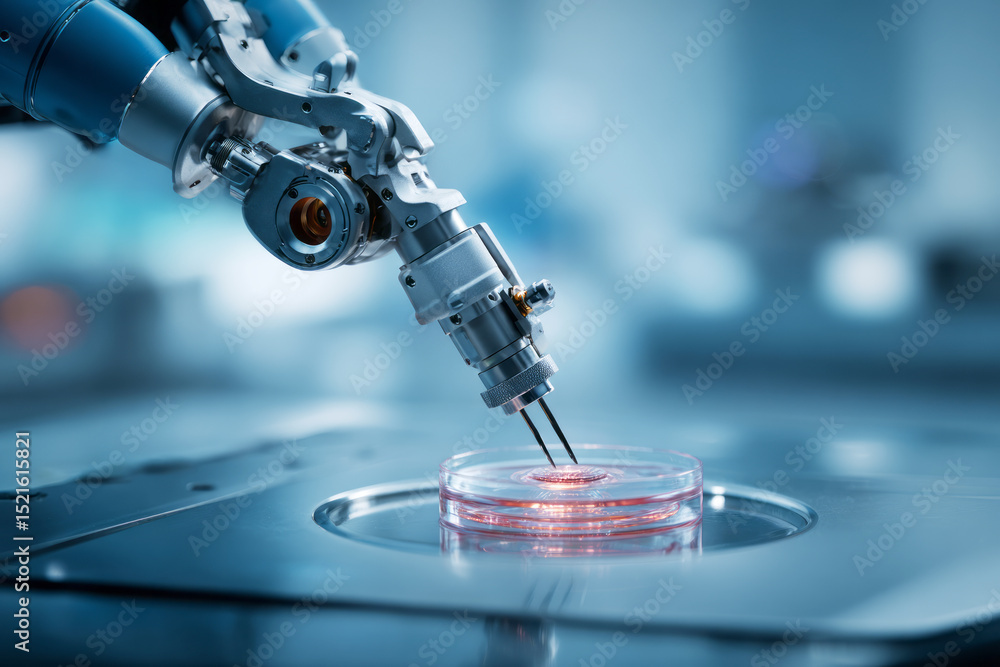 custom made wallpaper toronto digitalPrecision robotic arm with dual micro-needles working on a synthetic cornea in a petri dish under sterile lab lighting, futuristic biotech research — ai generative.