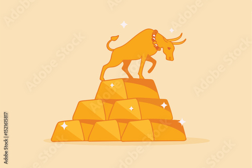 Gold investment bull market, safe haven in financial crisis or gold price rising up as investor run a concept, shiny bull statue on stack of bullion gold bar, ingot treasure.
