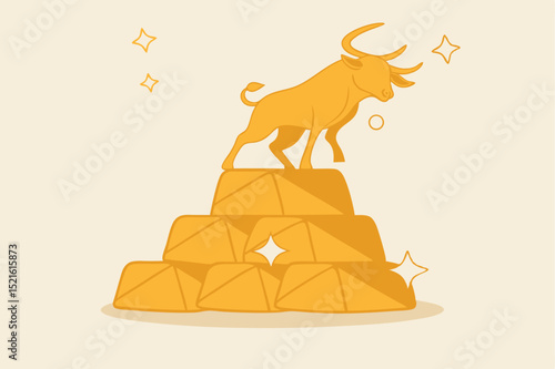 Gold investment bull market, safe haven in financial crisis or gold price rising up as investor run a concept, shiny bull statue on stack of bullion gold bar, ingot treasure.
