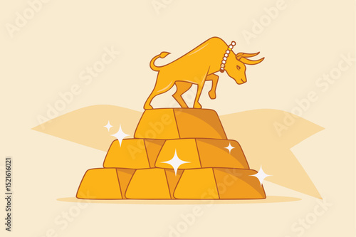 Gold investment bull market, safe haven in financial crisis or gold price rising up as investor run a concept, shiny bull statue on stack of bullion gold bar, ingot treasure.