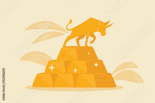 Gold investment bull market, safe haven in financial crisis or gold price rising up as investor run a concept, shiny bull statue on stack of bullion gold bar, ingot treasure.