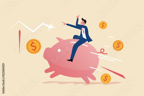 Investor return in stock market investment in financial crisis, money loss in economic collapse or searching for yield concept, investor man riding pink piggy bank catching flying dollar coins money.