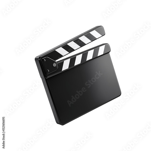 A black and white film clapperboard with stripes on a white background in a studio setting image