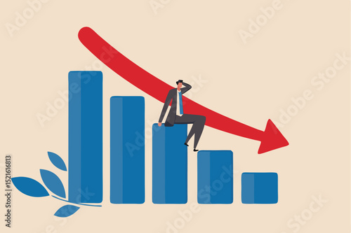 Economic recession, financial crisis or stock market crash due to COVID-19 Coronavirus pandemic concept, unemployed businessman investor or business owner sitting on falling down bar graph, red arrow.