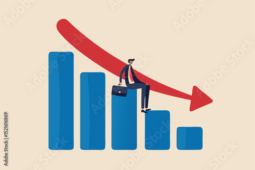 Economic recession, financial crisis or stock market crash due to COVID-19 Coronavirus pandemic concept, unemployed businessman investor or business owner sitting on falling down bar graph, red arrow.