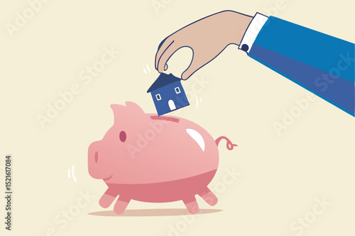 Saving for house, mortgage or housing loan, collect money for down payment concept, human man holding warm family house insert into pink piggy bank.