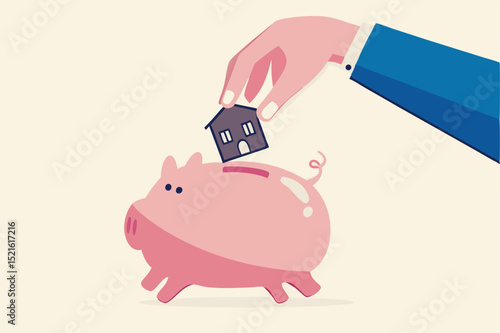 Saving for house, mortgage or housing loan, collect money for down payment concept, human man holding warm family house insert into pink piggy bank.
