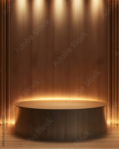 Elegant wooden podium display with modern lighting for product presentation