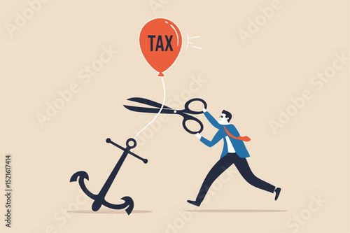 Government raising tax policy, increase income taxation payment in economic crisis concept, businessman government leader using scissors to cut rope on anchoring balloon with the word tax.