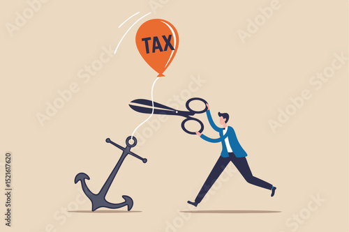 Government raising tax policy, increase income taxation payment in economic crisis concept, businessman government leader using scissors to cut rope on anchoring balloon with the word tax.