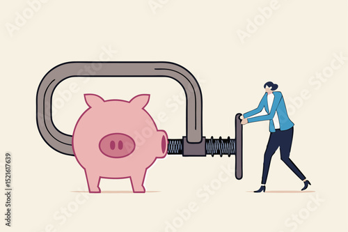 Business or company cut budget or squeeze and reduce spending due to business or economic crisis in COVID-19 Coronavirus recession concept, businessman using clamp to squeeze saving pink piggy bank