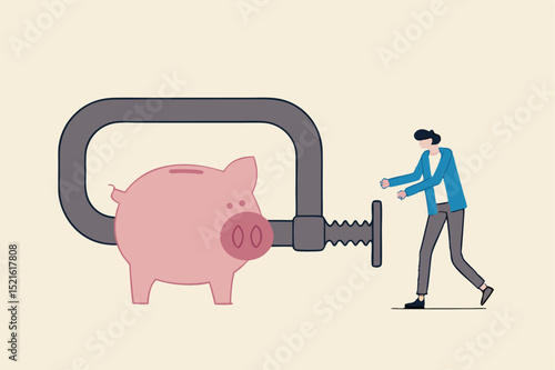 Business or company cut budget or squeeze and reduce spending due to business or economic crisis in COVID-19 Coronavirus recession concept, businessman using clamp to squeeze saving pink piggy bank