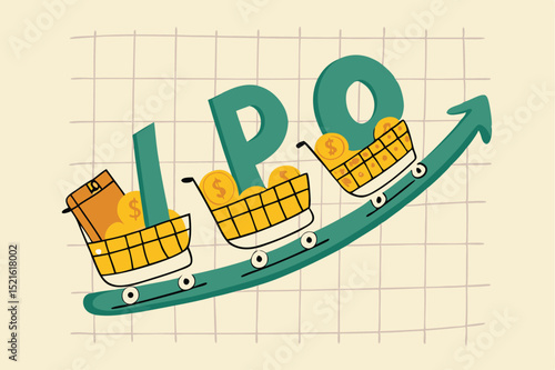 New stock IPO, initial public offering company going public to trade in stock exchange market concept, cart with money coins with the alphabet IPO riding on green rising up trading price graph.