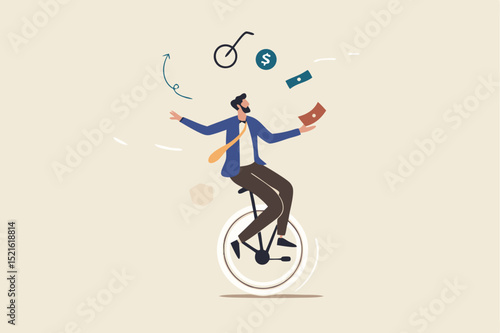 Financial advisor, professional investment expertise concept, smart businessman investor juggling finance asset, real estate, currency, gold, saving and stock market graph riding unicycle one wheel.