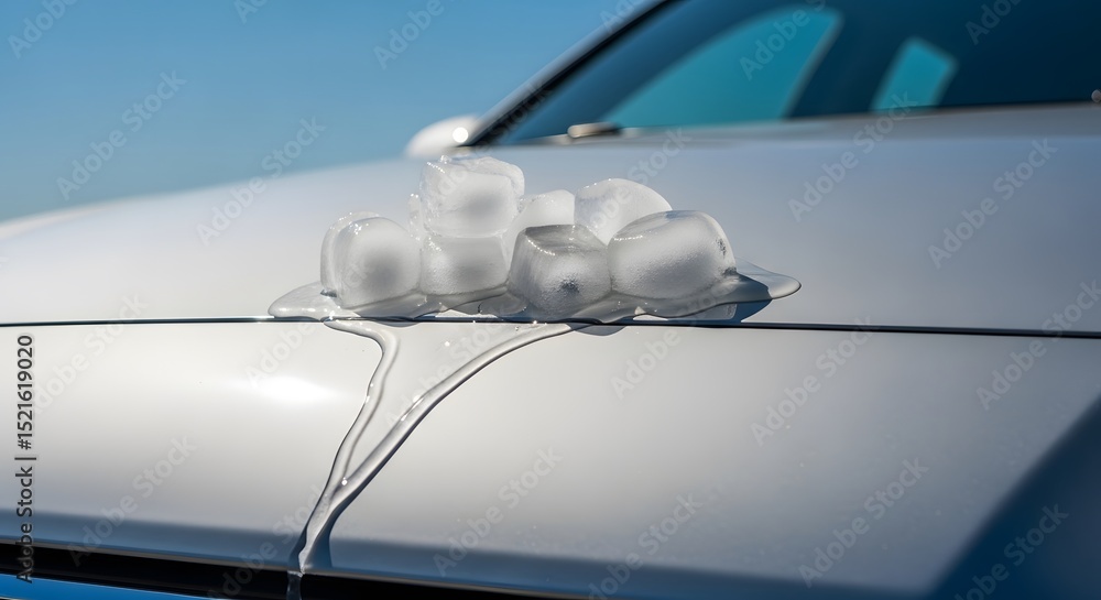 Naklejka premium Melting Ice Cubes on a Hot Car Hood Summer Heat Concept