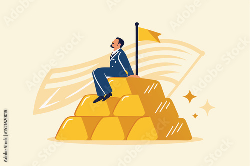 Gold investment, safe haven in financial crisis or wealth management and asset allocation concept, businessman success wealth manager, trader or rich investor sitting on stack of gold bar bullion.