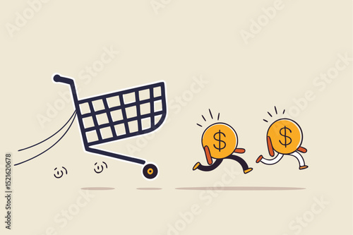 Over spending, consumerism or payment for expensive shopping cost causing debt and financial problem concept, dollar money coins running away from aggressive hunting creditor shopping cart or trolley.
