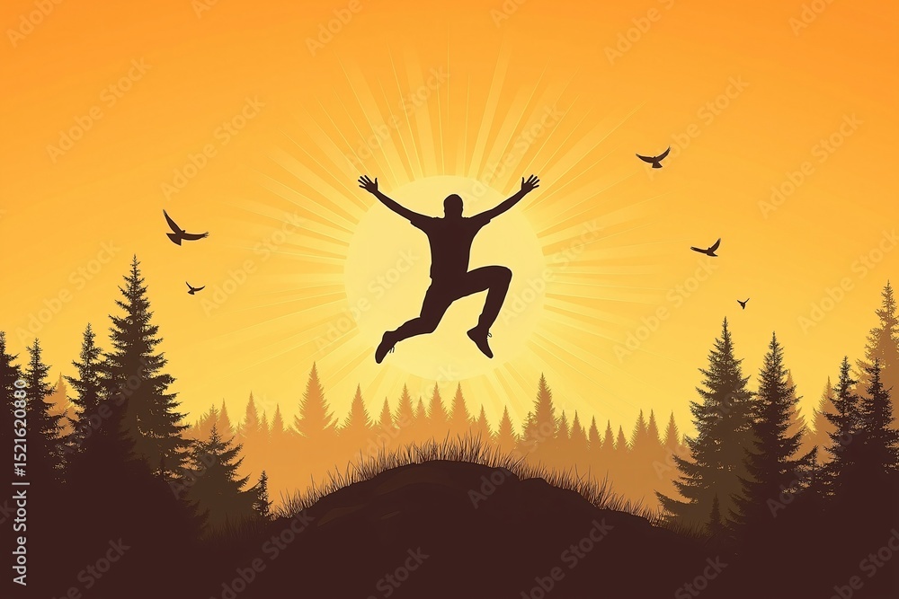 A person silhouette happily jumping against a beautiful orange sunset A person silhouette happily jumping against a beautiful orange sunset