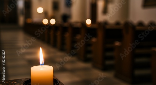 Burning candle in a dimly lit church aisle