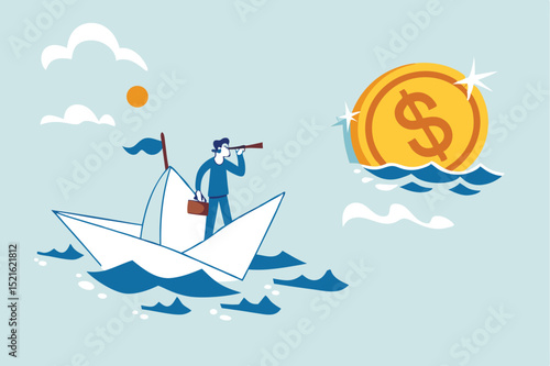 Financial planning target, vision and strategy for financial freedom or retirement saving goal concept, businessman salary man investor riding the boat using telescope to see far golden money coin.