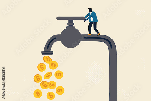 Cash flow, making profit from business or earning from stock investment concept, wealthy businessman business owner or investor opening water tap to let gold dollar coins money flowing out.