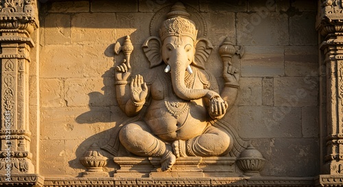 Detailed bas-relief carving of Ganesha on a stone temple wall