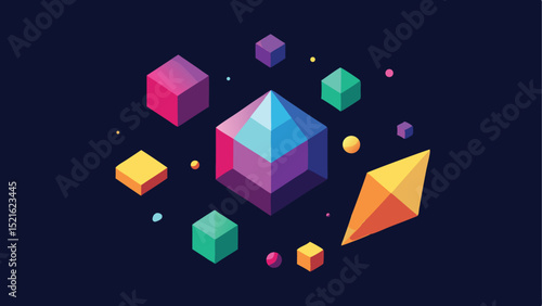 Abstract composition of floating colorful 3d geometric shapes with gradient effects