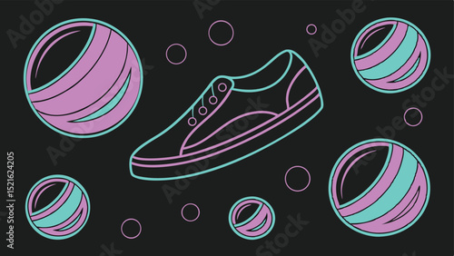 Abstract design with sneakers and orbs for creative fashion and sporty concepts