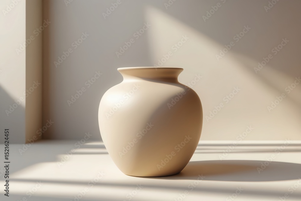 Smooth beige ceramic vase on a light background with soft shadows. Minimalist still life with a focus on form and texture. Smooth beige ceramic vase on a light background with soft shadows. Minimalist still life with a focus on form and texture.