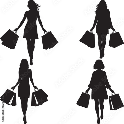 Silhouette women shopping bags walking towards viewer vector
