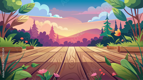 A wooden floor is present in the foreground, while a floral field, blurred in the background, creates a soft and dreamy atmosphere around it.