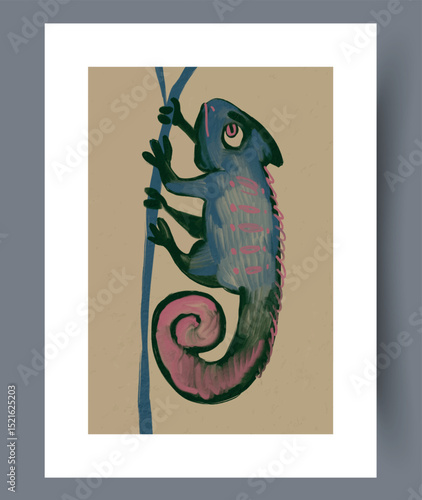 A wonderfully Colorful Chameleon Climbing a Branch Illustration thats vibrant and artistic