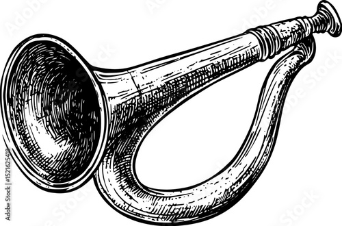 Blowing hunting horn sketch engraving vector illustration. T-shirt apparel print design. Scratch board imitation. Black and white hand drawn image.