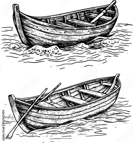 Wooden boat on water waves sketch engraving vector illustration. T-shirt apparel print design. Scratch board imitation. Black and white hand drawn image.