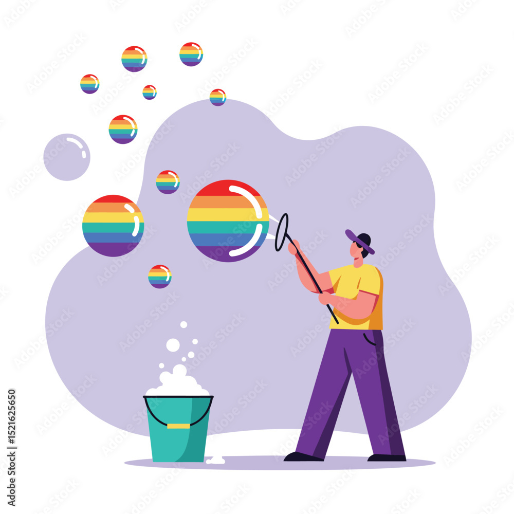 Fototapeta premium Person blowing rainbow colored bubbles with bubble wand and bucket in flat design vector illustration