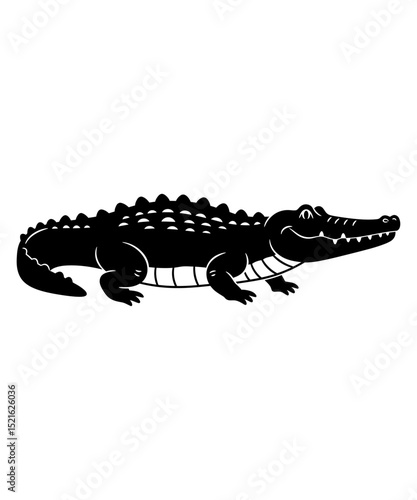 A black silhouette of a crocodile with a smiling face, shown in profile view