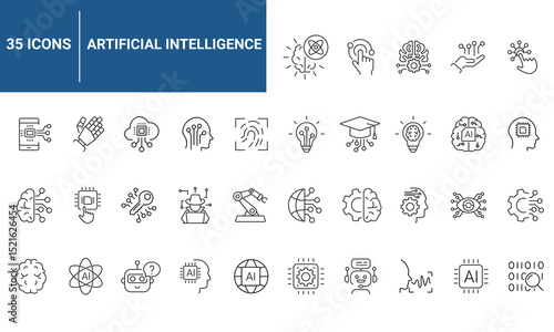 Artificial intelligence set of web icons in line style. AI technology icons for web and mobile app. Machine learning, digital AI technology, algorithm, smart robotic, cloud computing network.