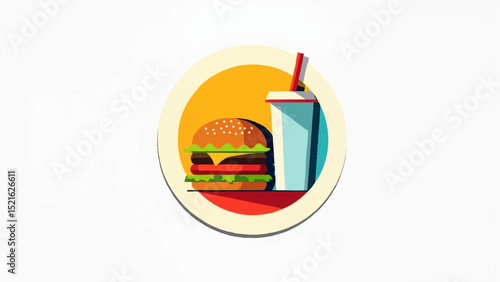 Circular vector logo with a stylized burger and drink cup side by side, bold lines and clear shapes for casual food and beverage  (2)