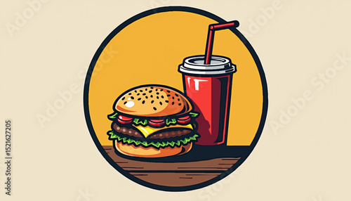 Circular vector logo with a stylized burger and drink cup side by side, bold lines and clear shapes for casual food and beverage 