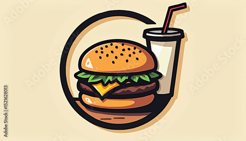 Circular vector logo with a stylized burger and drink cup side by side, bold lines and clear shapes for casual food and beverage 